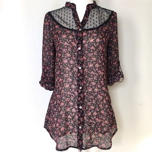 Semi Sheer Black Floral Western Inspired Blouse M